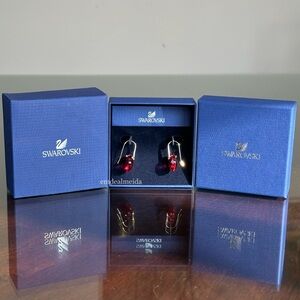 RARE Swarovski Crystal Gold Tone Red Galet Bordeaux Dangle Drop Earrings 5110575